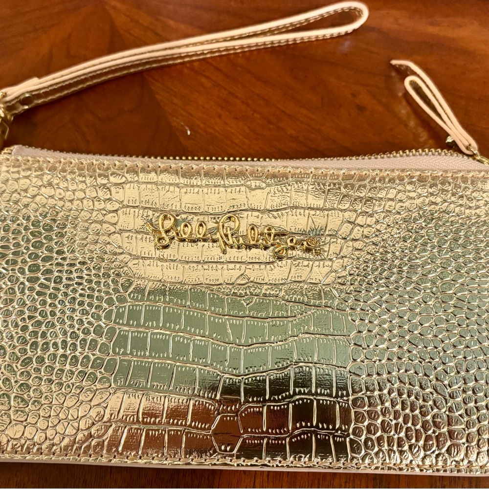 Lilly Pulitzer Gold Clutch with Crocodile Embossed Texture